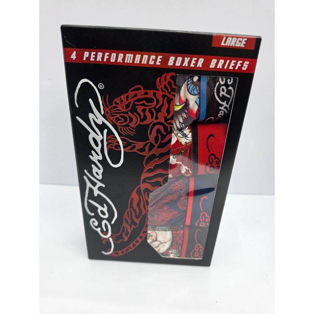 New Ed Hardy Mens 4 Pack Performance Boxer Briefs Large Tattoo Tiger Skull Print